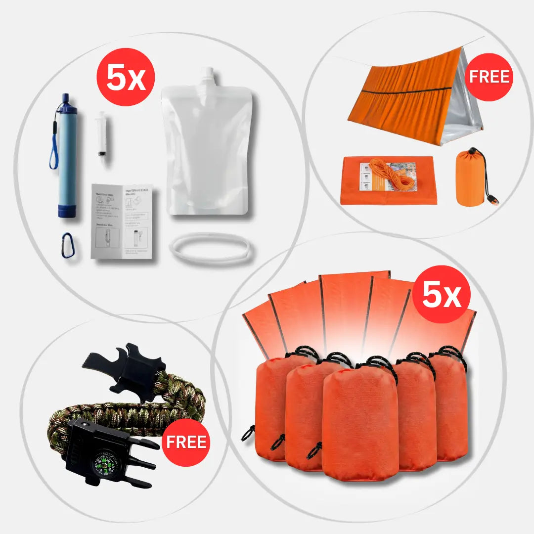 Family Emergency Bundle - 5 Filters, 5 Bivys, FREE Emergency Tent & FREE 7-in-1 Multi-Tool