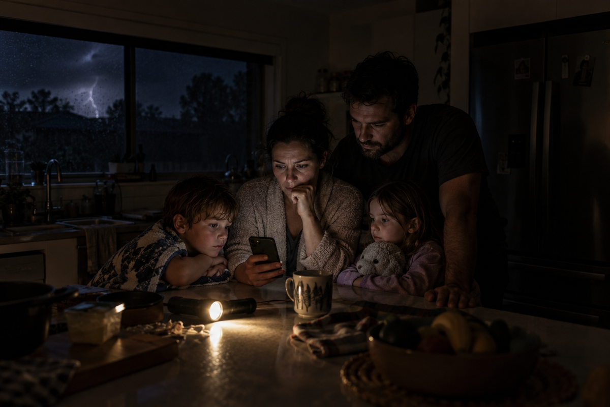 A family kitchen in darkness during a blackout