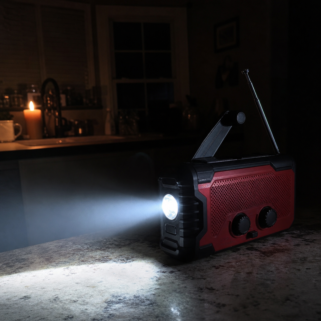 COMMS-S1 Solar Radio LED torch in a blackout