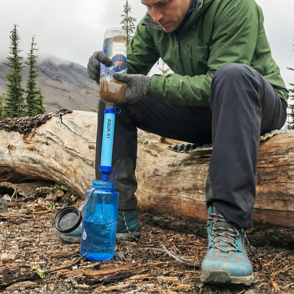 AQUA-S1 filtering water into a bottle